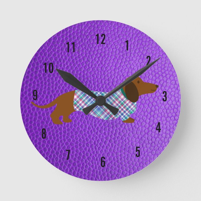 Redondo Mediano Reloj morado de pared de Dachshund (Anverso)