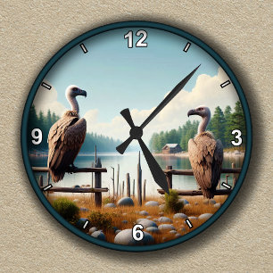 Redondo Mediano Reloj Personalizable con Buitres en una Cerca