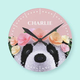 Redondo Mediano Reloj Personalizado de Panda con Flores Lindas par