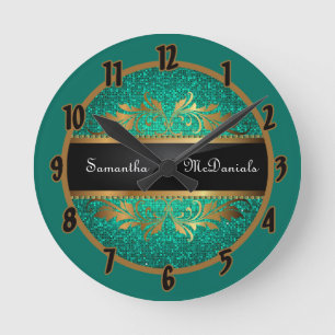 Redondo Mediano Reloj personalizado del Purpurina Aqua verde azula