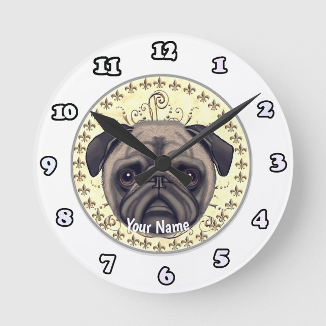 Redondo Mediano Reloj Pug Fleur De Lis (Anverso)