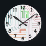 Redondo Mediano Reloj redondeado de líneas Art Deco<br><div class="desc">Este reloj de pared tiene un diseño Art Déco de líneas moradas,  rosas,  naranjas y azules.</div>
