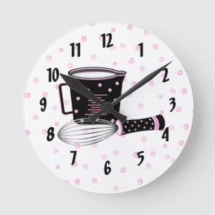 Redondo Mediano Reloj rosado y negro de la cocina