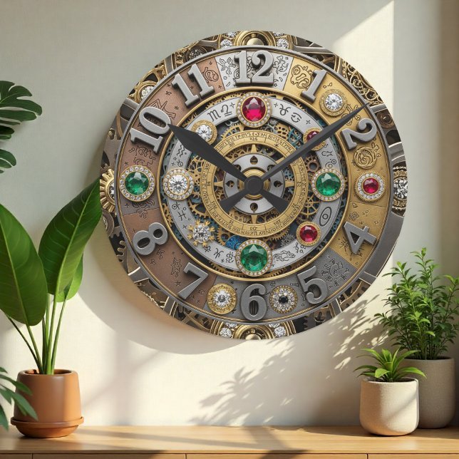 Redondo Mediano Steampunk, reloj con joyas, zodiac, gemas, cosecha (StreamPunk Wall Clock)