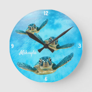 Redondo Mediano Tres Tortugas De Mar Bebé Nadando Reloj De Ronda