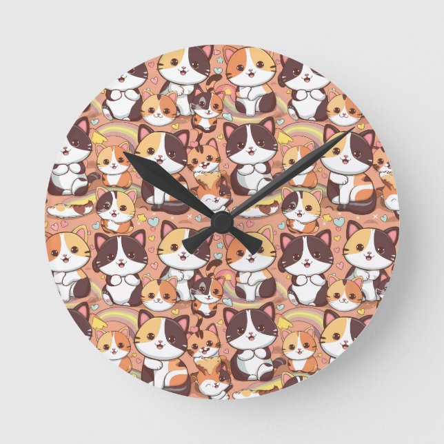 Redondo Mediano Un lindo calico gatos diseño de reloj de patrones  (Anverso)