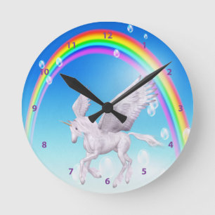 Redondo Mediano Unicornio con alas hermoso, arco iris y reloj de