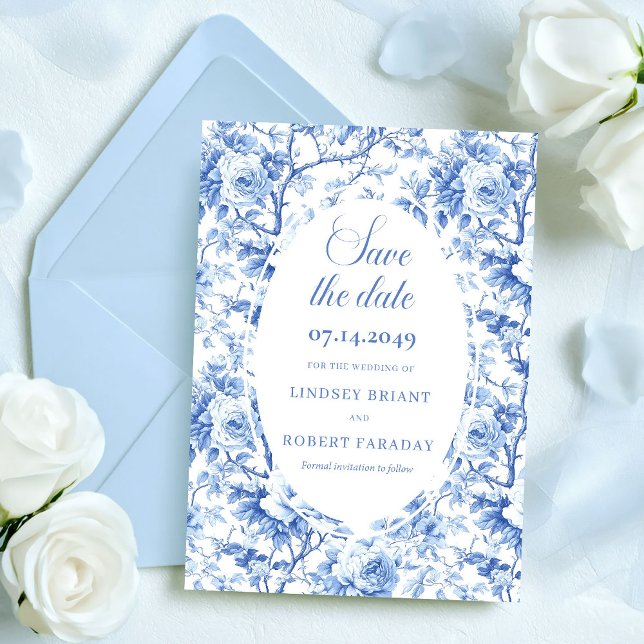 Refinada tarjeta de guardar la fecha de boda flora (Refined Royal Blue Floral Save the Date Wedding Card)