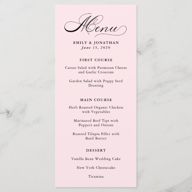 Refinado | Caligrafía en el menú rosa de Rubor (Anverso)