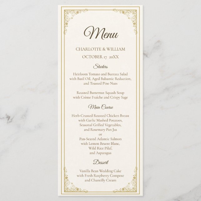Refined Gold Frame Wedding Menu Card (Anverso)