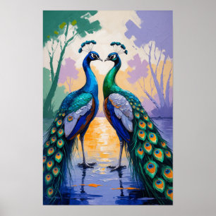 Reflejo de pareja de pavos reales en el agua Arte