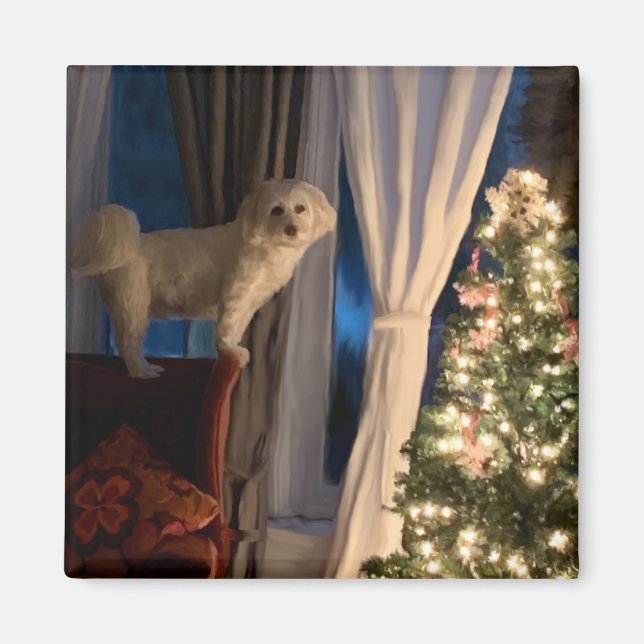 Refrigerador imán esperando Santa Paws (Frente)