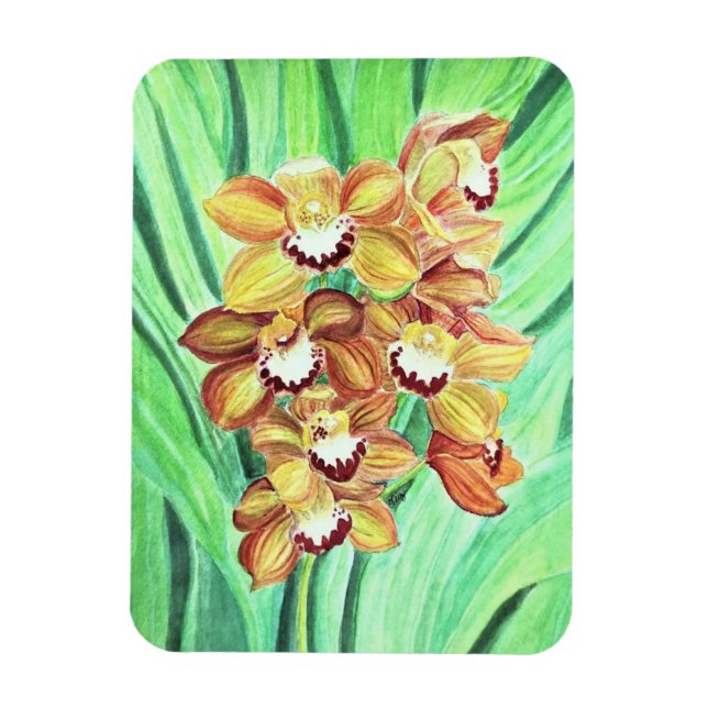 Refrigerador imán - Naranja y orquídeas amarillas (Vertical)