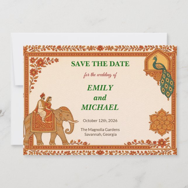 Regal Indian Elephant Gold & Saffron Save the Date (Anverso)