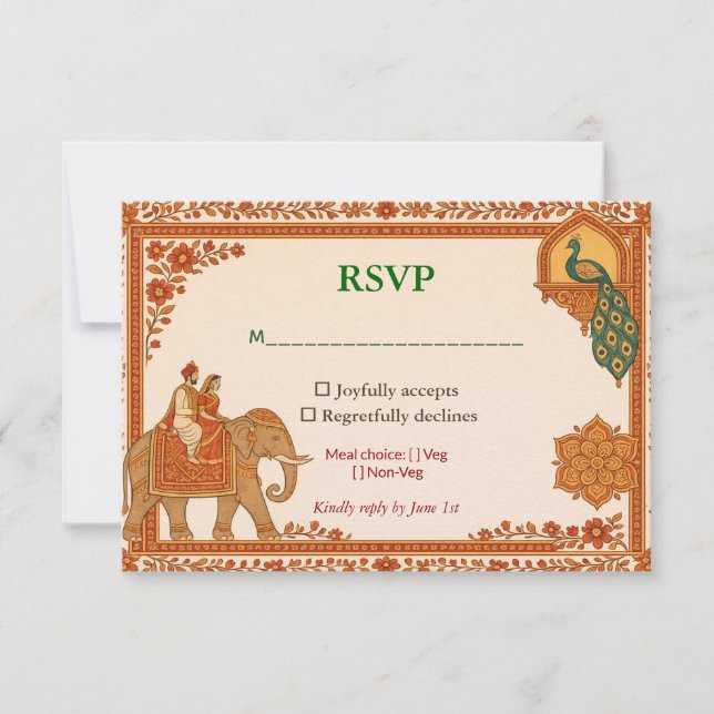Regal Indian Floral Peacock RSVP Card (Anverso)