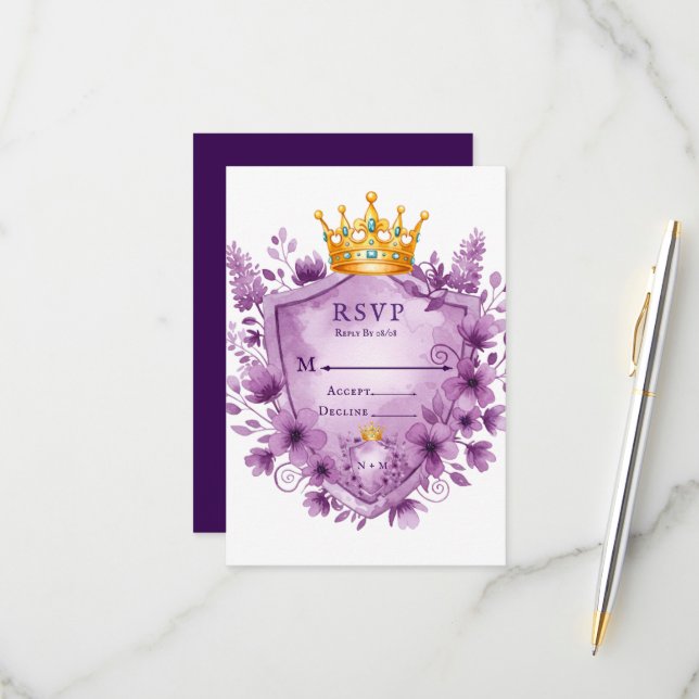 Regal Purple Floral Escudo Boda Tarjeta RSVP (Anverso/Reverso In Situ)
