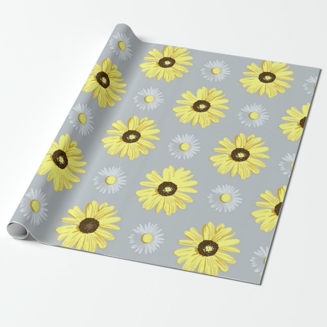 Regalo Amarillo blanco de las margaritas en el papel gris (Desenrollado)
