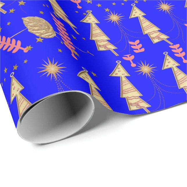 Regalo Árboles de Navidad dorados Papel de envolver azul (Esquina del rollo)