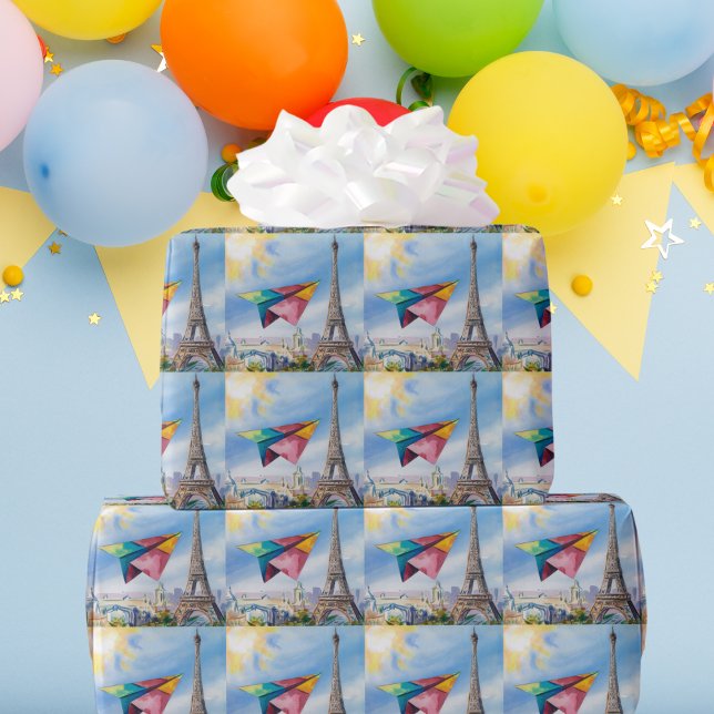Regalo Avión de papel volando en París, colorido, acuarel (Subido por el creador)
