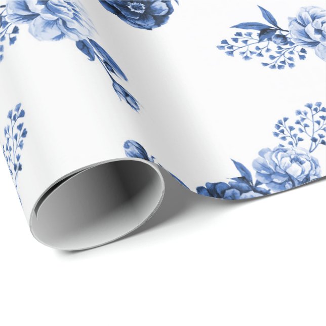 Regalo Azul Marino| Papel de envolver de flores elegantes (Esquina del rollo)