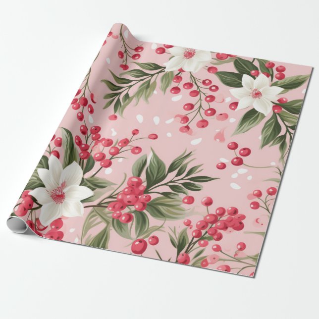 Regalo Bonito papel floral de Navidades rosados (Desenrollado)