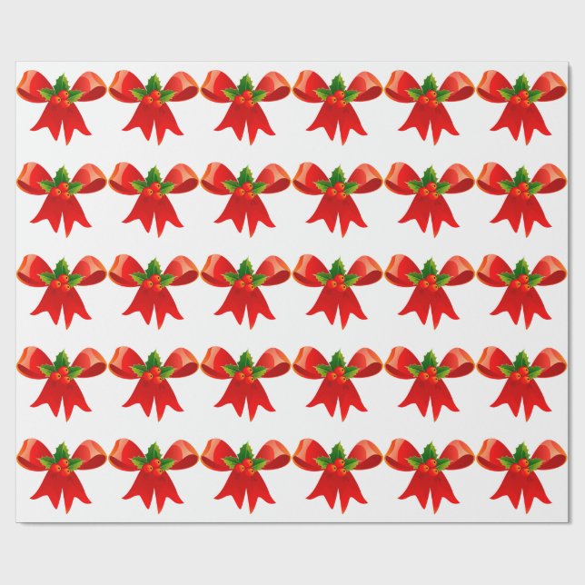 Regalo Bow Rojo Con Papel De Envoltura Blanco Holly (Superficie plana)