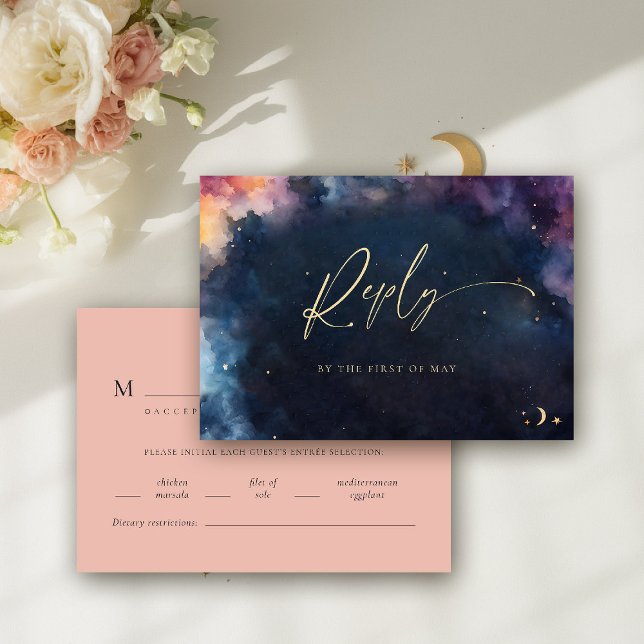 Regalo Celestial Boda de Comida Azul Medianoche RS (celestial wedding rsvp meal card cosmic watercolor starry night sky galaxy universe navy blue peach)