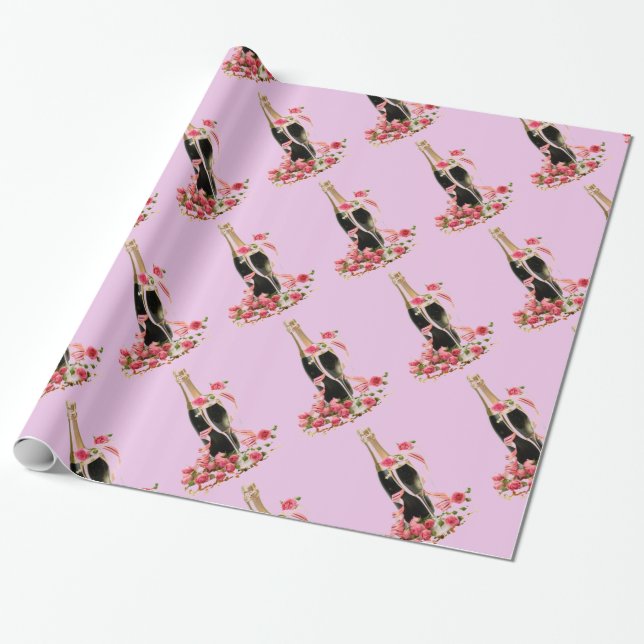 Regalo Champán y Rosas Papel de envolvimiento rosado (Desenrollado)
