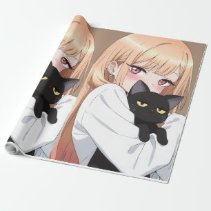 Regalo Chica Anime Adorable Abraza Gato Negro Papel de Re