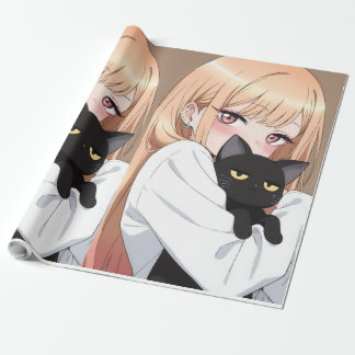 Regalo Chica Anime Adorable Abraza Gato Negro Papel de Re