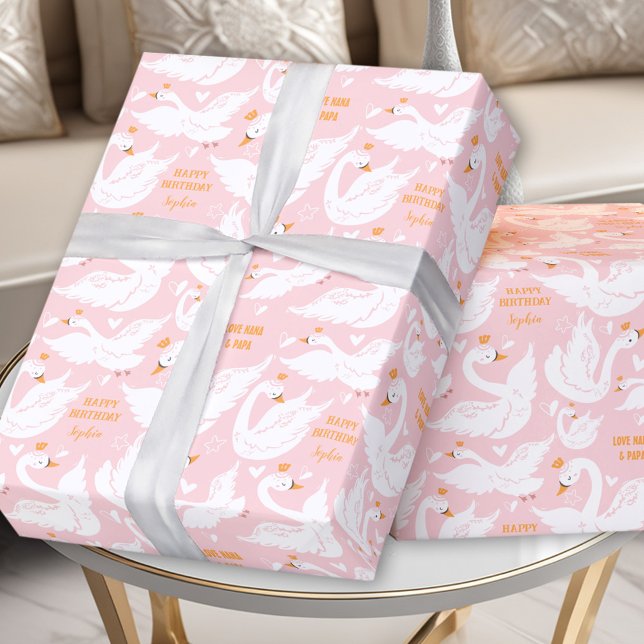 Regalo Chica Swan Nombre de cumpleaños Papel de envolvimi (Swan Girl Birthday Name Pink Wrapping Paper)