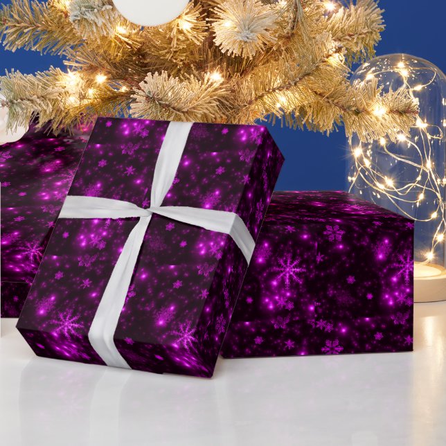 Regalo Copos de nieve en papel de envolver fondo púrpura  (Vacaciones)