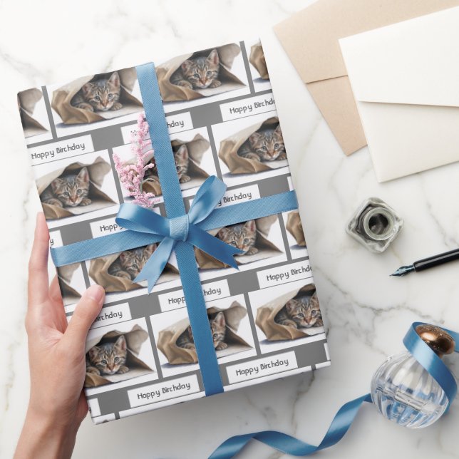 Regalo Cumpleaños de gato tabby en bolsa de papel (Regalar)