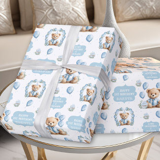 Regalo Cute Bear Blue Boy Nombre de cumpleaños Papel de a