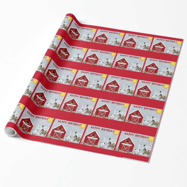 Regalo Cute Red Barn Farm Animals Papel de envolvimiento  (Desenrollado)