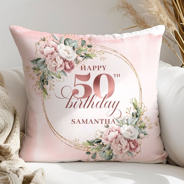 Regalo de Almohada de Cumpleaños 50 Floral Rosa Do (Feminine Rose Gold Floral 50th Birthday Pillow Gift)
