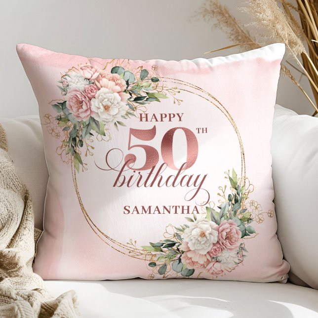 Regalo de Almohada de Cumpleaños 50 Rosado Dorado  (Rose gold floral 50th birthday,
dusty pink blush gold glitter,
opulent Soft pastel   pink flowers, 
)