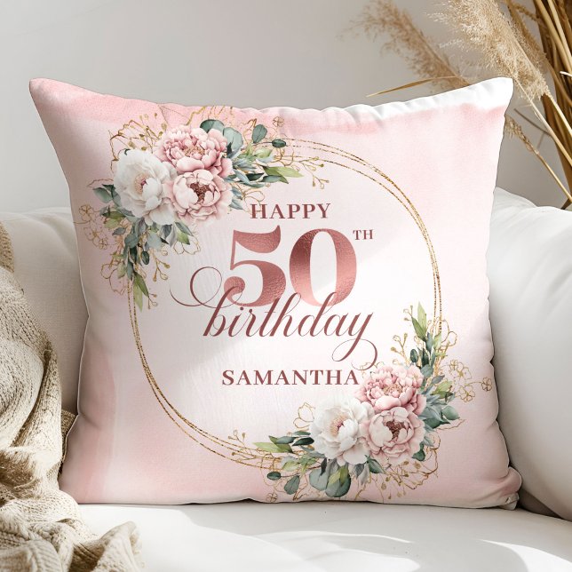 Regalo de Almohada de Cumpleaños número 50 con Ros (Chic Blush Pink Greenery 50th Birthday Pillow Gift)