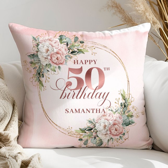 Regalo de Almohada Elegante Flores Rosadas Verde 5 (Elegant Blush Floral Greenery 50th Pillow Gift)