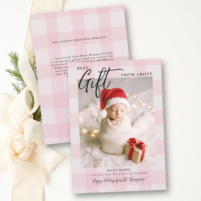 Regalo de Arriba Cheques Rosados Navidad Moderna B (baby announcement christmas card photo best gift from above pink gingham check elegant modern custom)