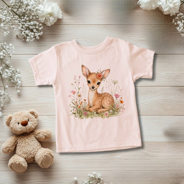 Regalo de bebé niña con ciervo bebé acuarela flora (Baby Deer with Wildflowers Toddler Baby t-shirt. Also available in baby body suit. )
