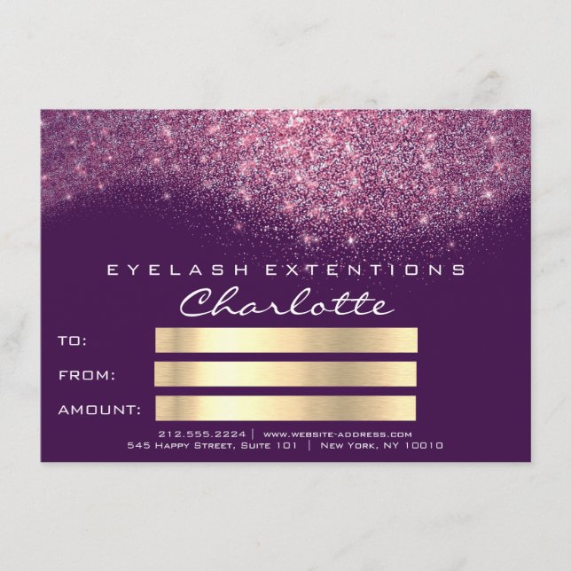 Regalo de certificado rosado púrpura Purpurina Con (Anverso)