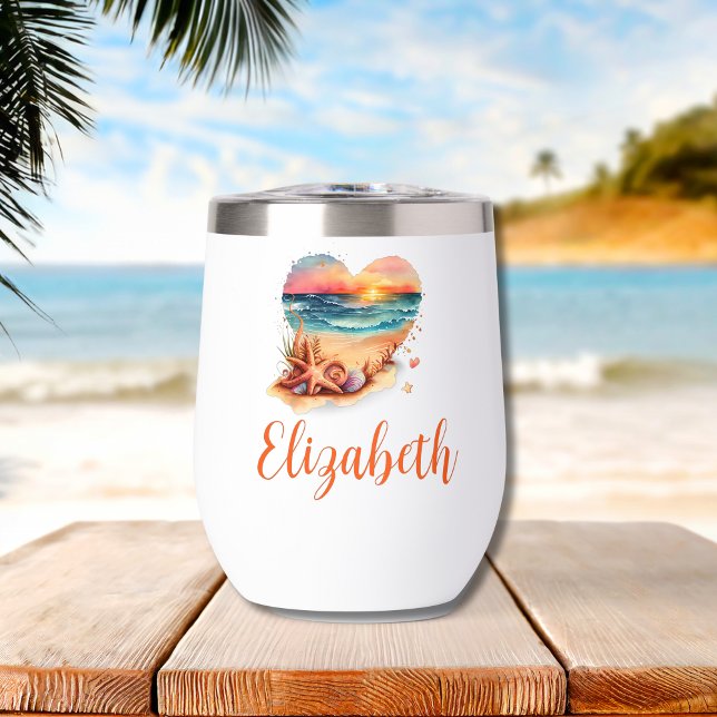Regalo de dama de honor Escena de playa con monogr (Beach Scene Monogrammed Name Thermal Wine Tumbler)