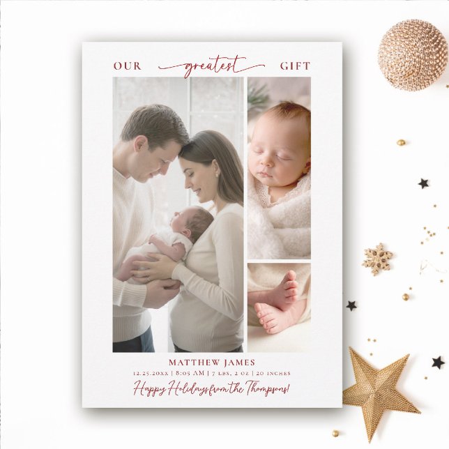 Regalo de Navidad Encima Fácil Elegante Bebé 3 Fot (greatest gift baby christmas card minimalist simple elegant 3 photos calligraphy christian red)