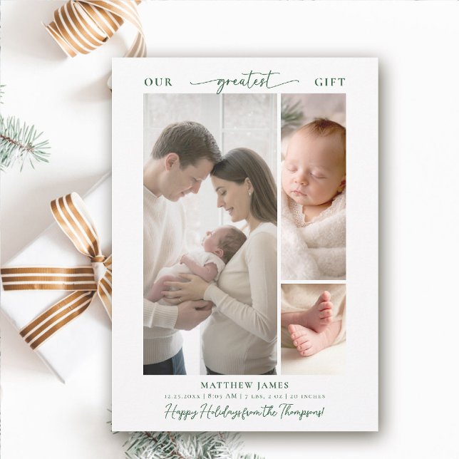 Regalo de Navidad Sencillo y Elegante para Bebé de (greatest gift baby christmas card minimalist simple elegant 3 photos calligraphy christian religious)