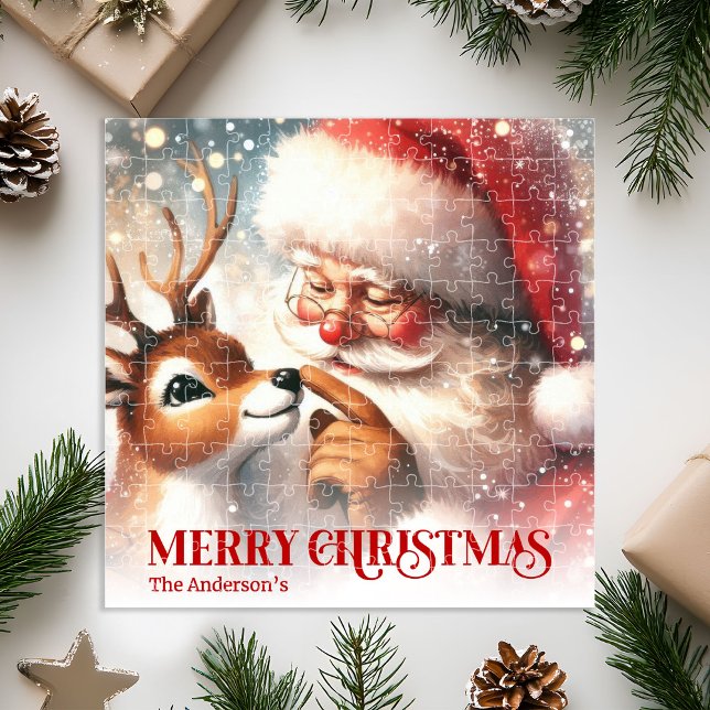 Regalo de rompecabezas navideño personalizado de S (Santa and Rudolph Personalized Holiday Puzzle Gift)