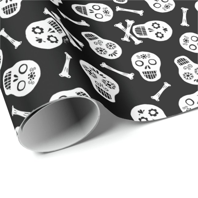 Regalo Dia de los Muertos Cránulos de papel blanco y negr (Esquina del rollo)