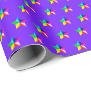 Regalo estrellas de arco iris sobre papel de envoltura pú