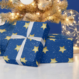 Regalo Estrellas De Oro Sobre Azul Con Papel Envuelto Con