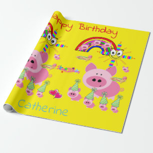 Regalo Feliz cumpleaños envuelto papel de cerdo rosa amar